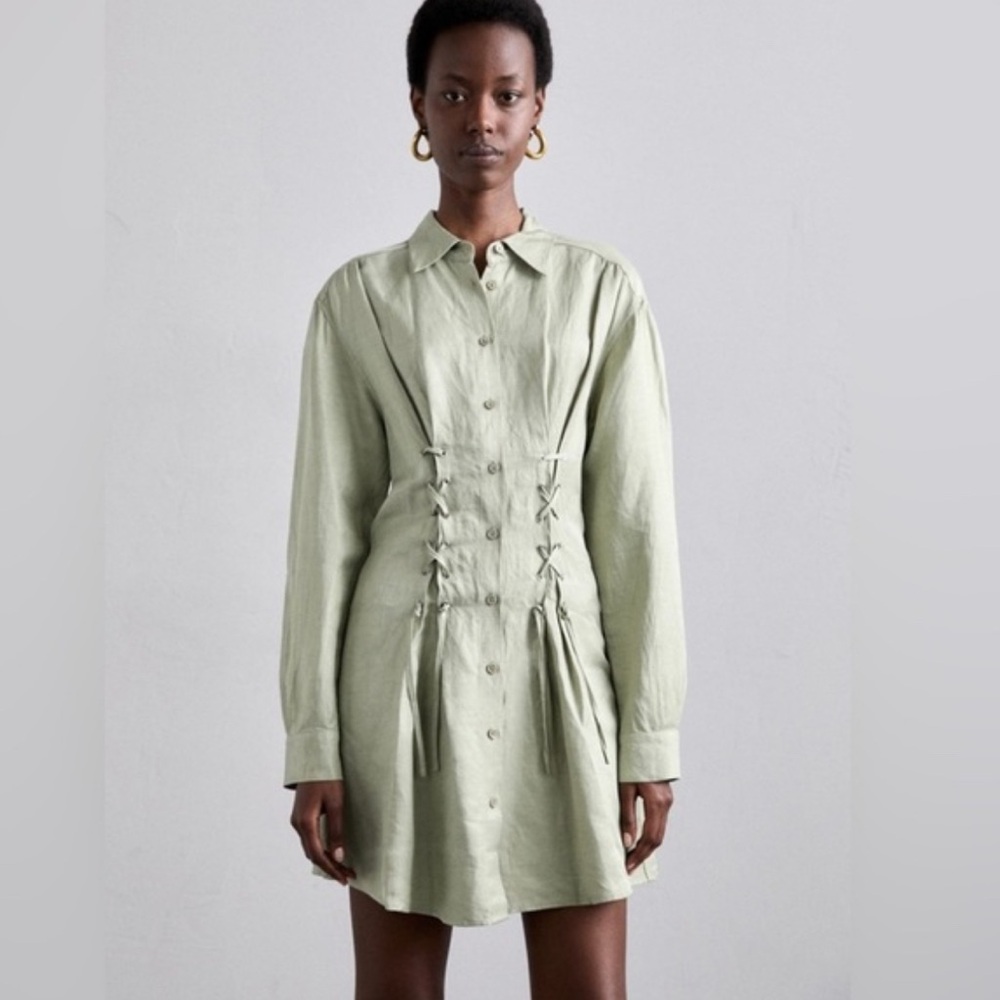The Kooples Light Sage Button-Front Shirt Dress with Corset Side Ties